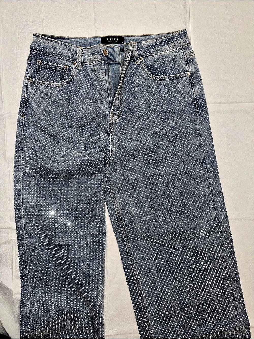 AKIRA Label Everytime Rhinestone Embellished Straight Leg Jeans Embellished Blue